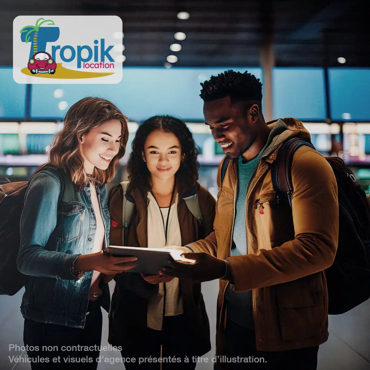 alt="Jeunes voyageurs utilisant une tablette pour réserver une voiture chez Tropik Location à Mayotte"